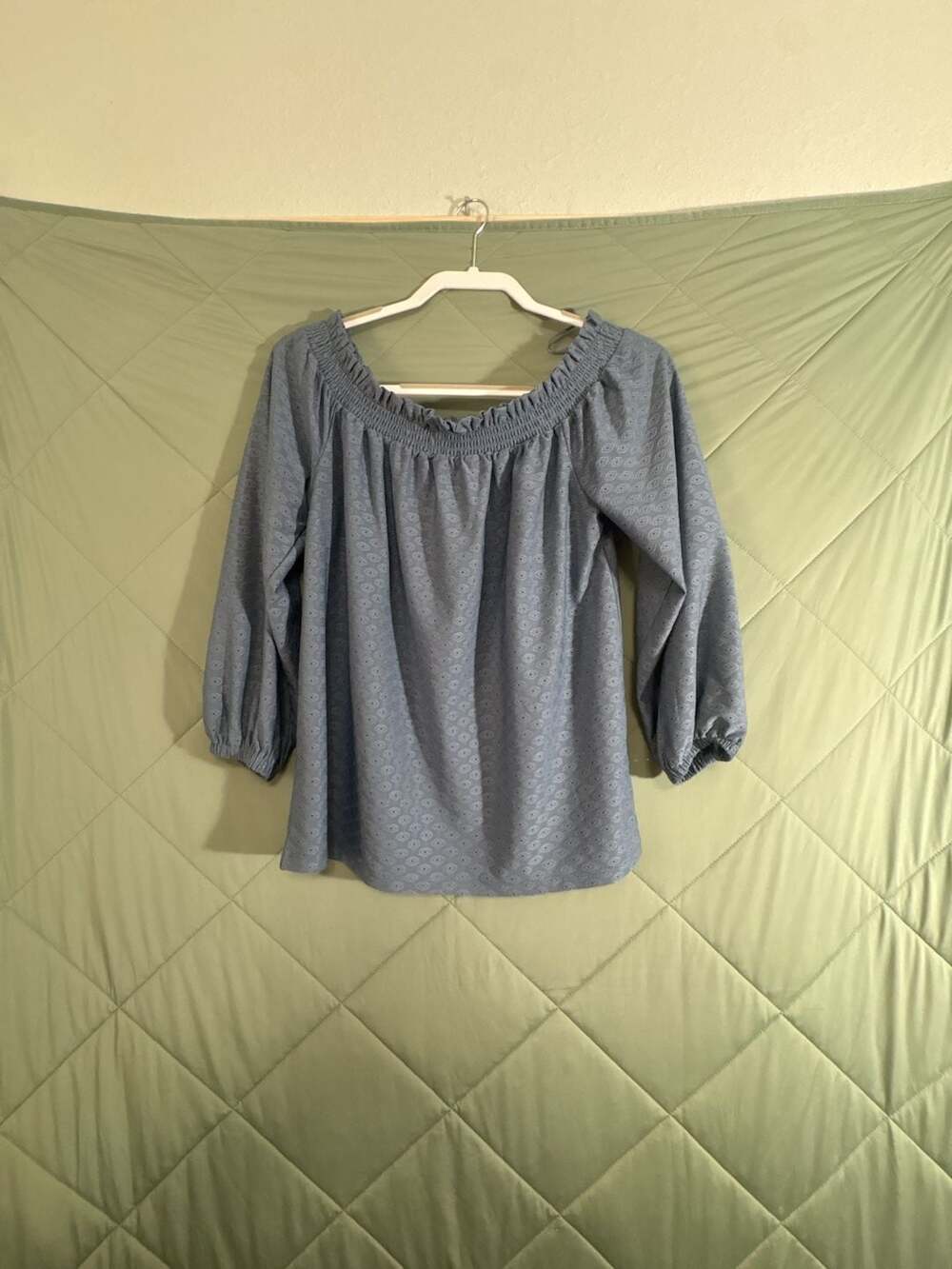 Michael Kors Off The Shoulder Blouse Size S Blue Eyelet 3/4 Sleeve